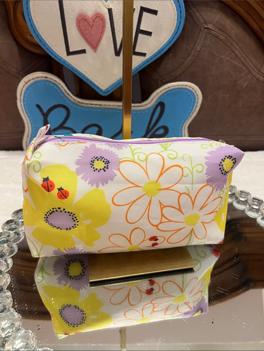 Clinique NWOT Floral Cosmetic Bag in Yellow, Purple & White